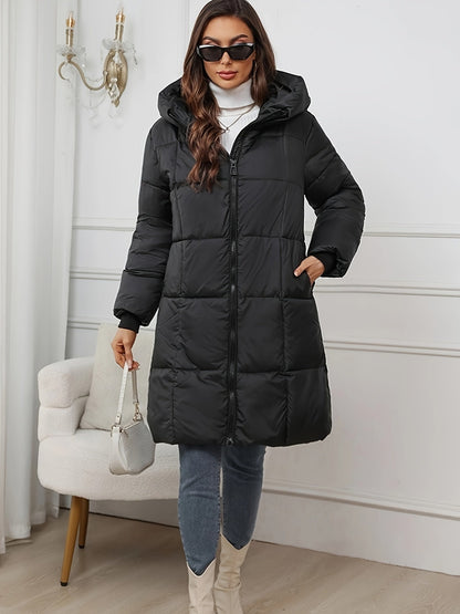 Casual warm mid-length puffer jacket with hood for women | Ideal for fall/winter