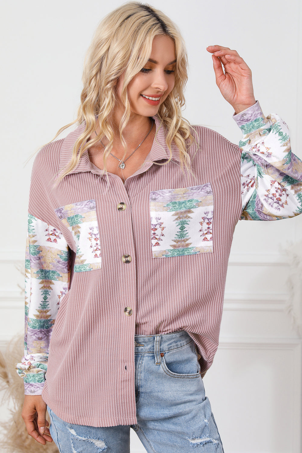 Aureen | Boho pink corduroy shirt jacket