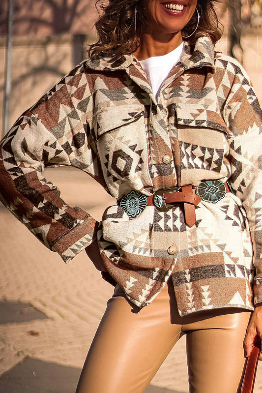 Kamilla | Retro Brown Geometric Print Jacket