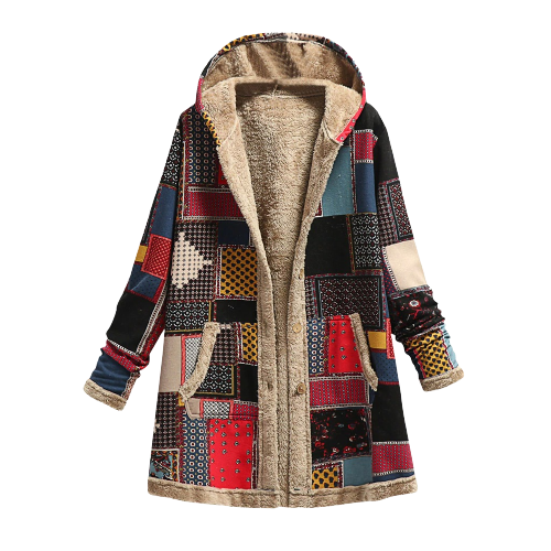 Luxurious, elegant, warm sheepskin patchwork hooded jacket for women