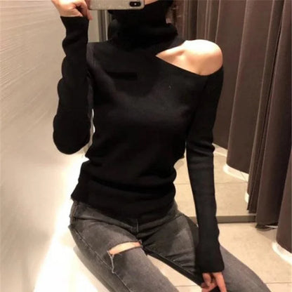 Women's Elegant Off-Shoulder Knitted Sweater - Long Sleeve Turtleneck Sweater