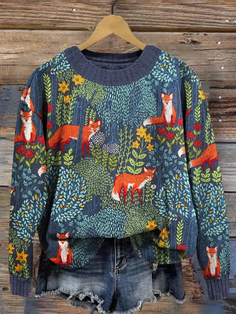 Wyrna Sweater | Vintage Forest Fox Print Knitted Sweater