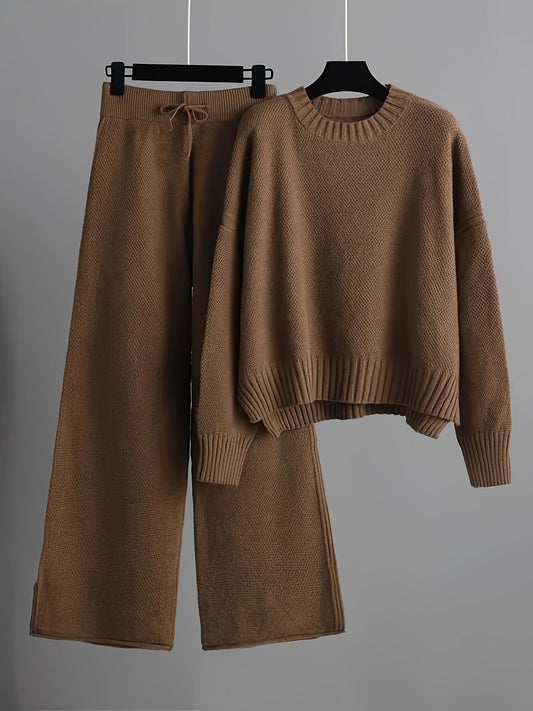 Knitted Ladies Outfit set Pants + Sweater | Drop Shoulder - Casual - Solid Colors - Drawstring Waist - Wide Legs