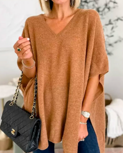 Adeline Solid V-Neck Poncho Sweater with Loose Fit