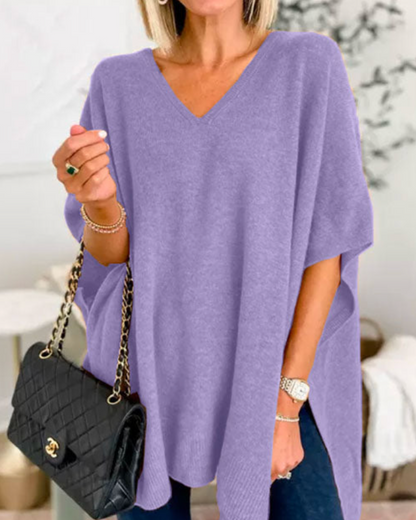 Adeline Solid V-Neck Poncho Sweater with Loose Fit