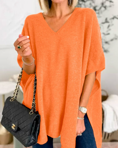 Adeline Solid V-Neck Poncho Sweater with Loose Fit