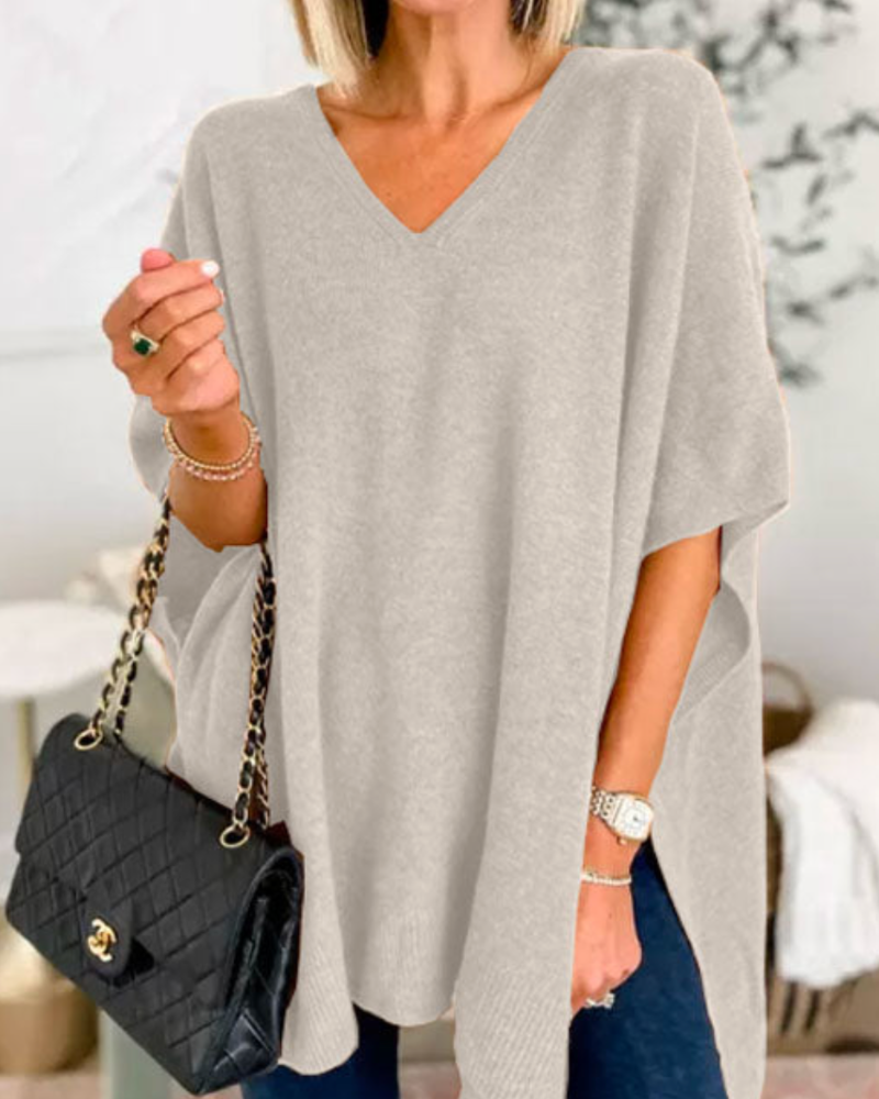 Adeline Solid V-Neck Poncho Sweater with Loose Fit