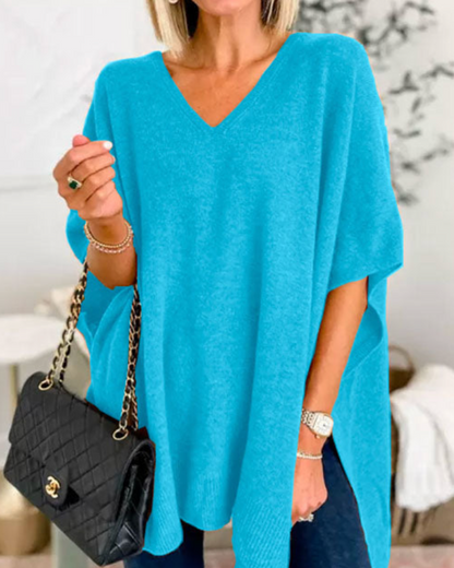 Adeline Solid V-Neck Poncho Sweater with Loose Fit