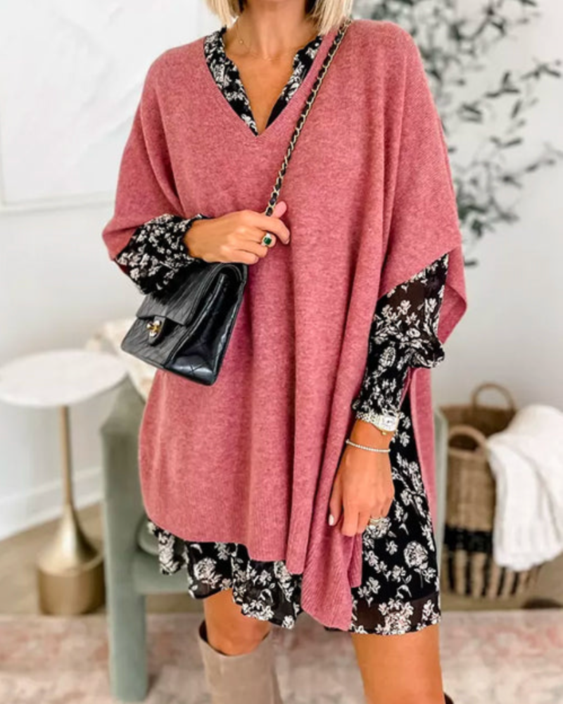 Adeline Solid V-Neck Poncho Sweater with Loose Fit