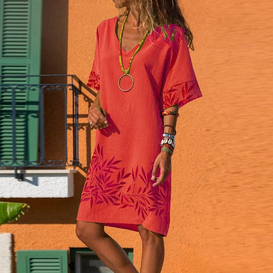 Chantal - Comfortable linen dress with an elegant pattern