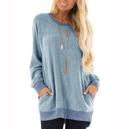 Casual women's t-shirt with long sleeves, round neckline and 2 pockets