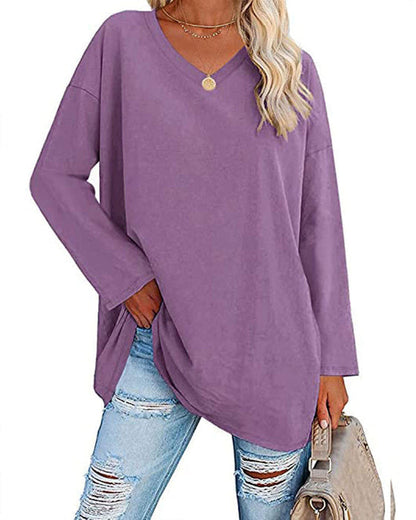 Plain-colored women's blouse with long sleeves and v-neckline