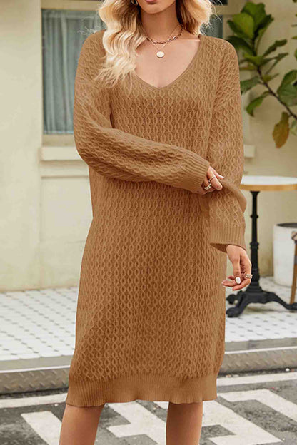 An elegant sweater dress with a spectacular V-neck for chic outfits