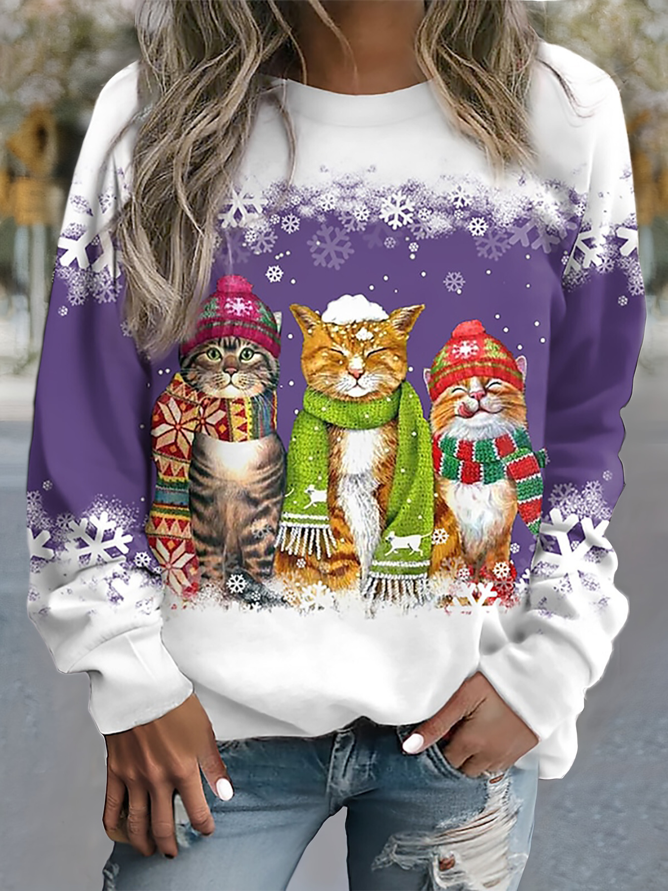 Whiskers™ | Warm winter top with snow cat print