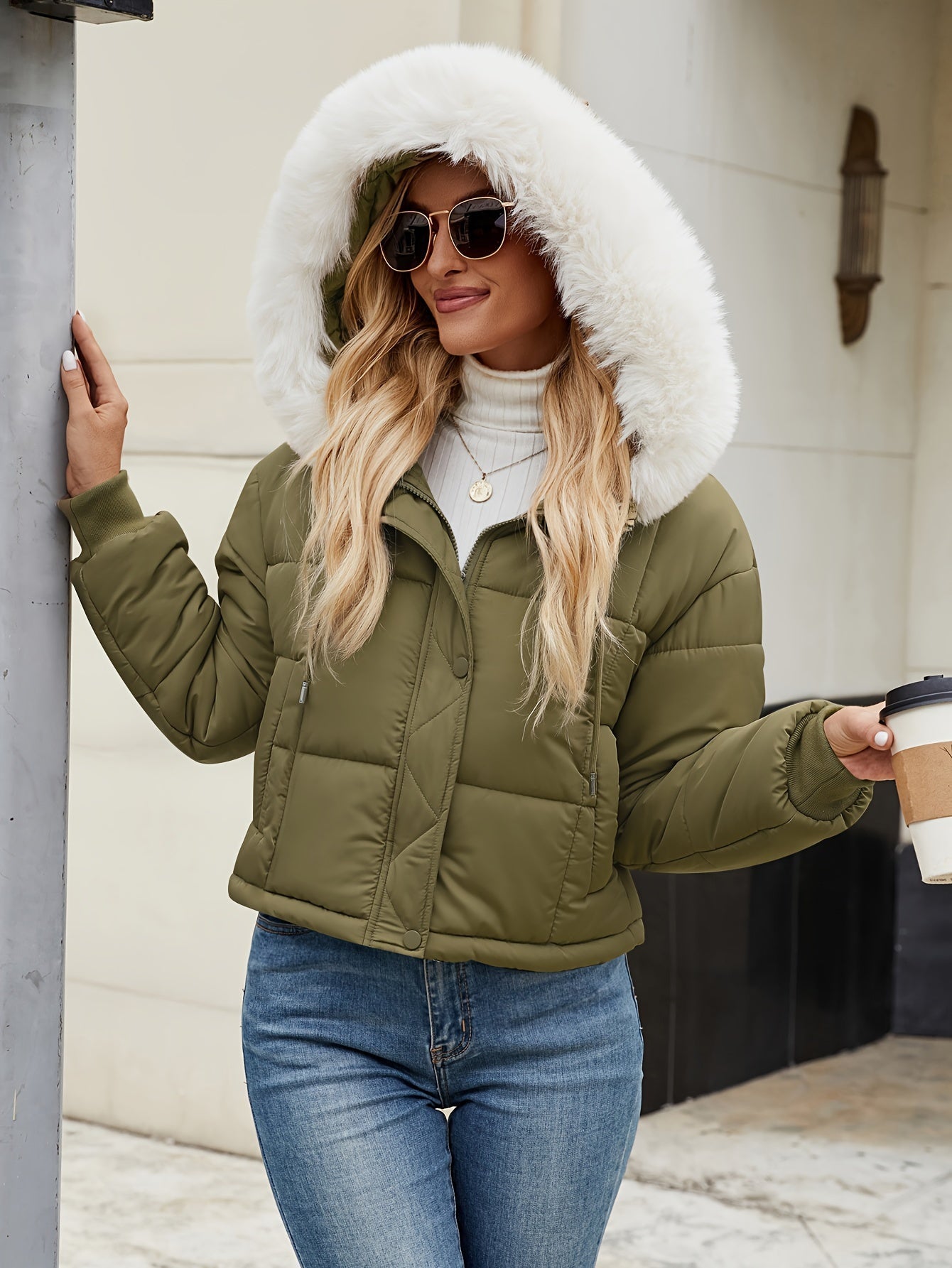 Stylish short puffer winter jacket with fur hood for women | Ideal for fall/winter