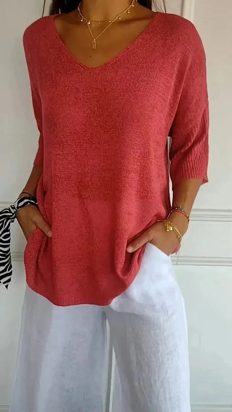 Brigitte - Unicolored V-Neck Knit Top