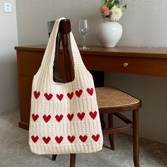 Nina | Handmade knitted heart pattern shopper bag