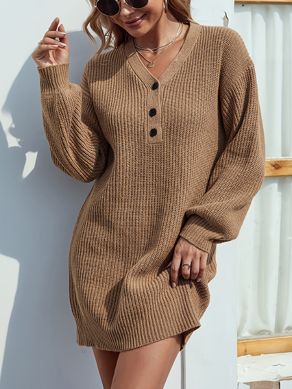 Clara - Camel Women's mini V-neck sweater dress in caramel with dropped shoulders