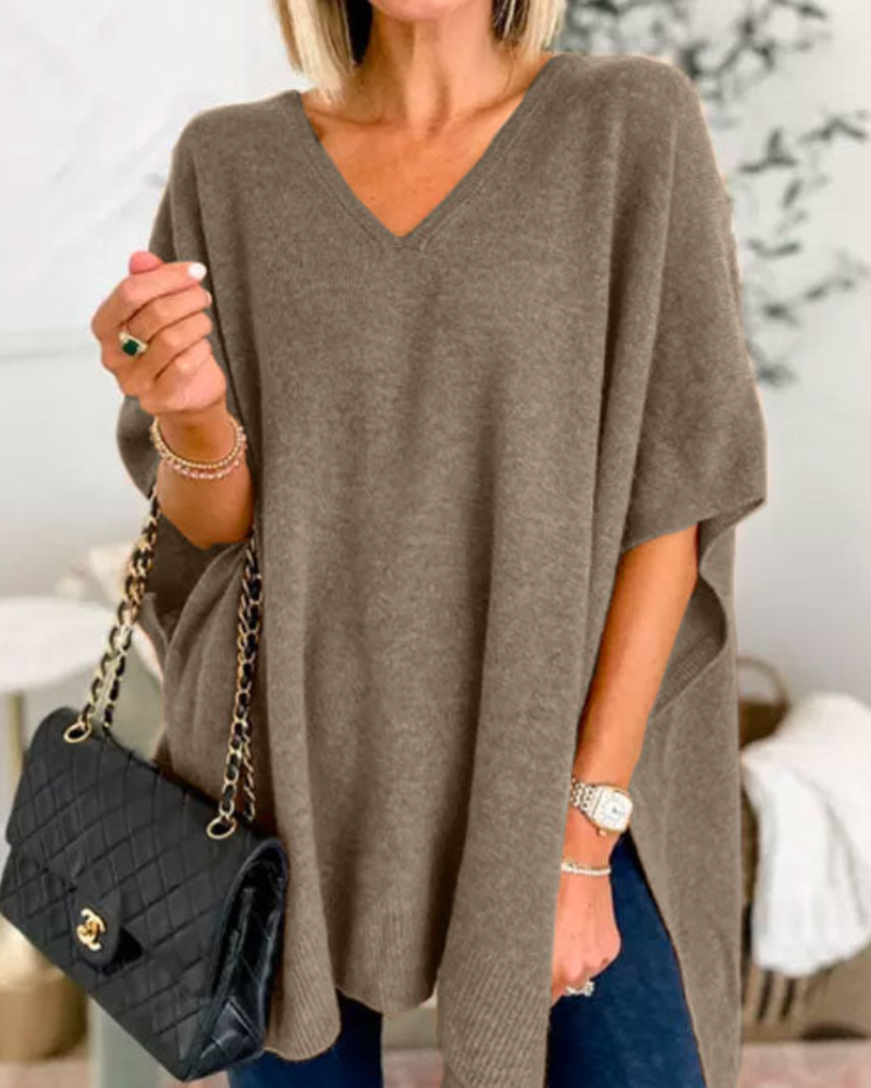 Adeline Solid V-Neck Poncho Sweater with Loose Fit