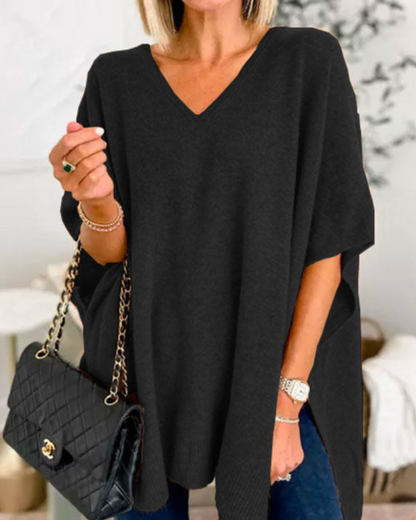 Adeline Solid V-Neck Poncho Sweater with Loose Fit