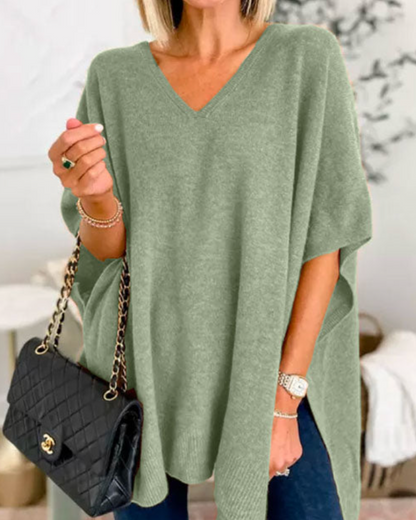 Adeline Solid V-Neck Poncho Sweater with Loose Fit