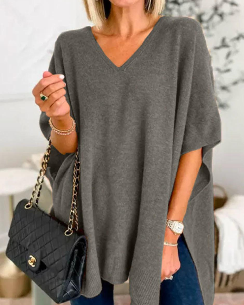 Adeline Solid V-Neck Poncho Sweater with Loose Fit