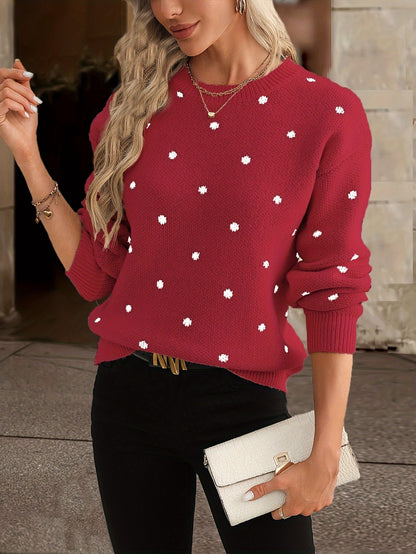 Adeline Women's Knitted Round Neck Sweater with Polka Dot Pattern