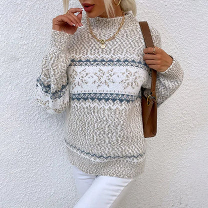 Irina - Snowflake Print Round Neck Sweater for Fall-Winter