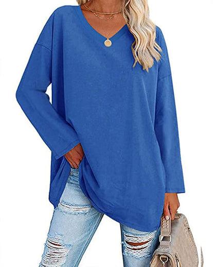 Plain-colored women's blouse with long sleeves and v-neckline