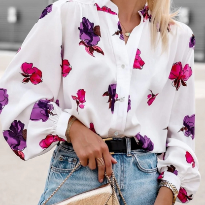 Emma | White elegant floral women's blouse with turn-up collar