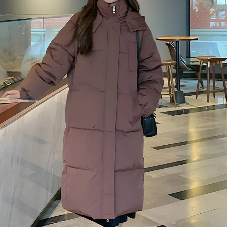 Elegant long thick down jacket with hood for women | Ideal for fall/winter