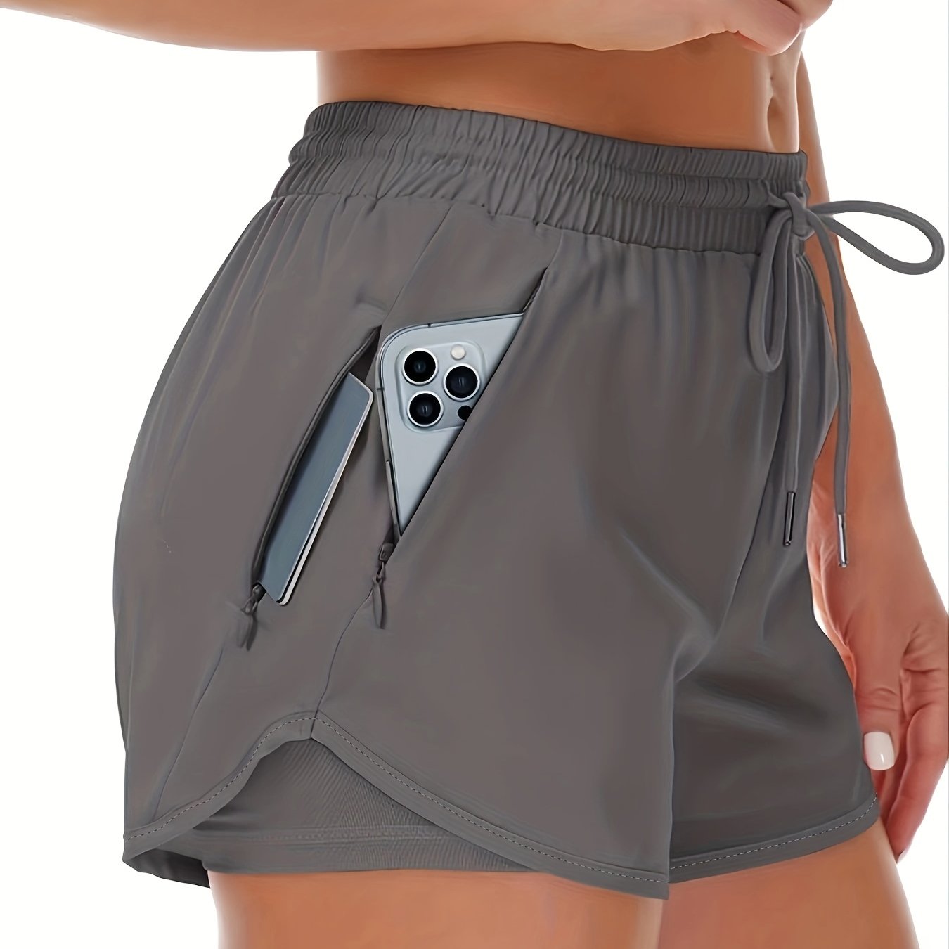 Eva | Solid color 2-in-1 sports shorts with multiple pockets