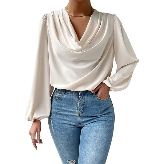 Lea - Women's Elegant Chiffon Blouse with Dove Collar and Long Sleeves