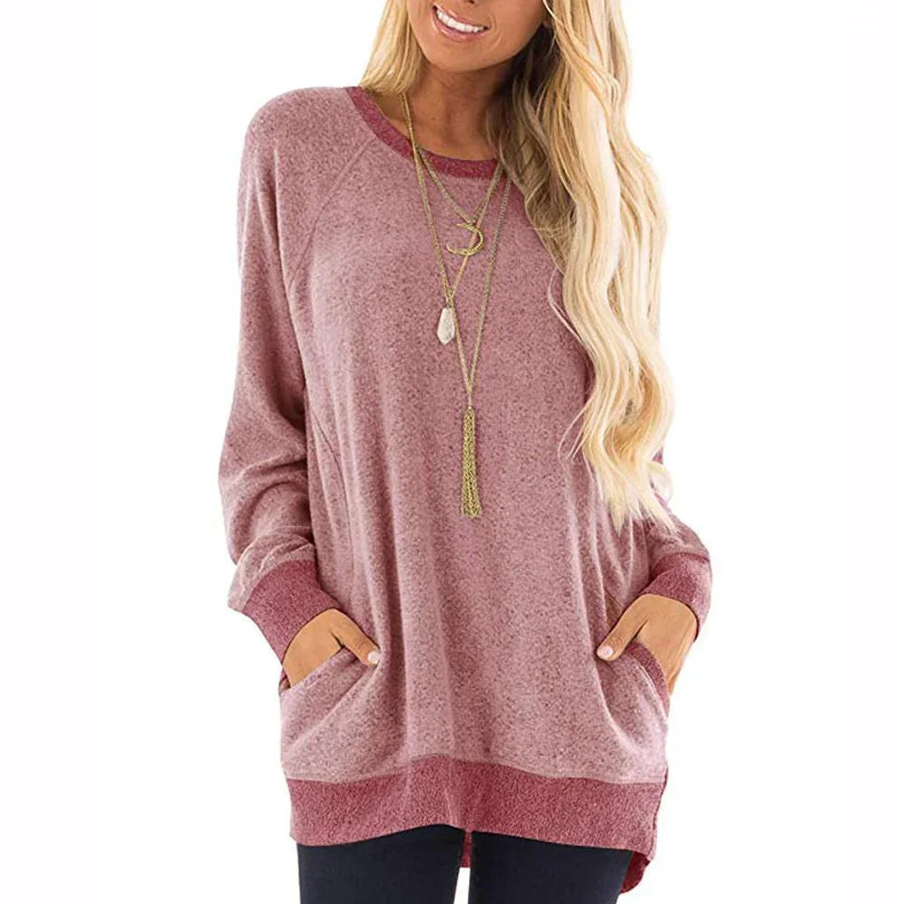 Casual women's t-shirt with long sleeves, round neckline and 2 pockets