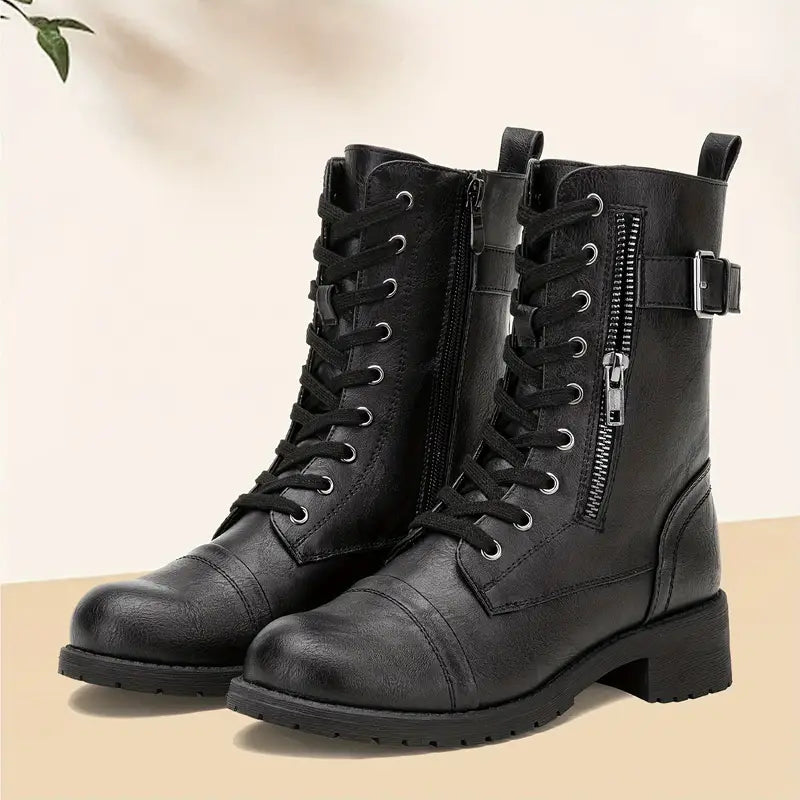 Fashionable Lace-Up Boots with Zipper on the Side