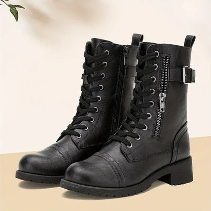 Fashionable Lace-Up Boots with Zipper on the Side