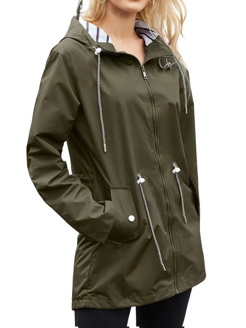 Casual waterproof rain jacket with hood and long sleeves, half-length for women | perfect for fall/winter