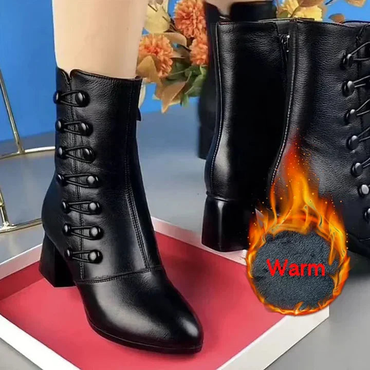 Warm women's boots made from coarse leather