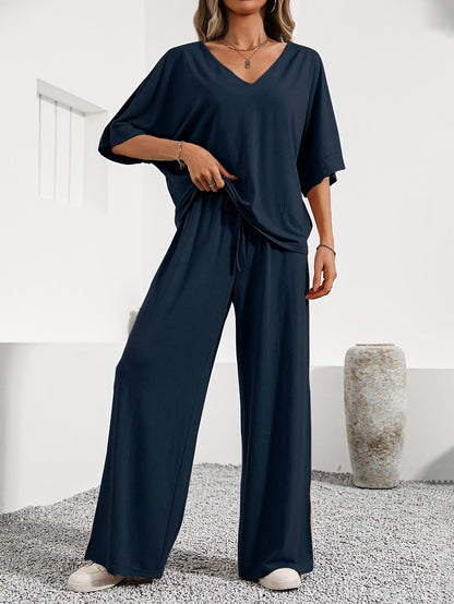 Elise - Women's V-Neck Lounge Set with Wide Leg Pants