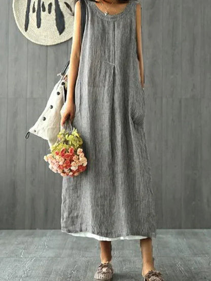 Luisiana -Loose, sleeveless cotton linen dress with a round neckline