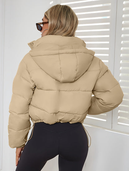 Stylish stand-up collar puffer jacket with pockets and drawstring for women | Ideal for fall/winter