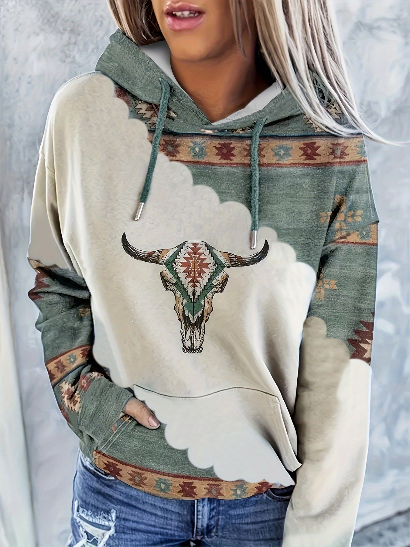 Jess | Casual Oversized Hoodie With Aztec Geometric Print And Drawstring - Ideal For Fall/Winter