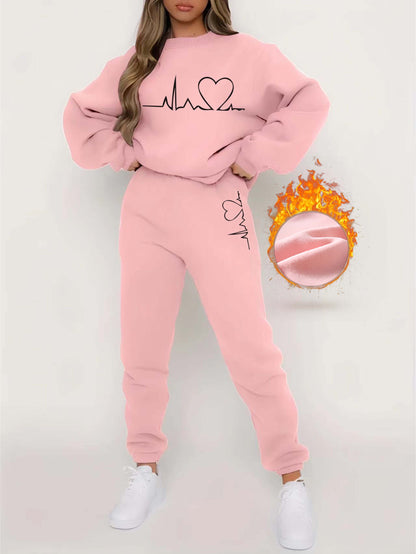 Jess | Round neck sweater with heart print &amp; jogging suit set - Ideal for fall/winter