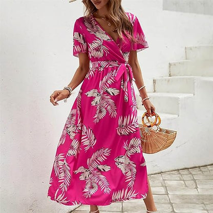 Clara - Dress with belt in tropical print and high waist