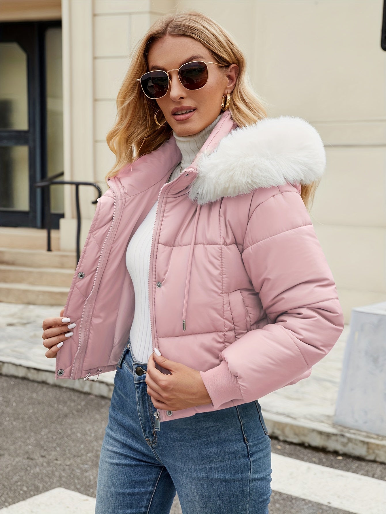 Stylish short puffer winter jacket with fur hood for women | Ideal for fall/winter