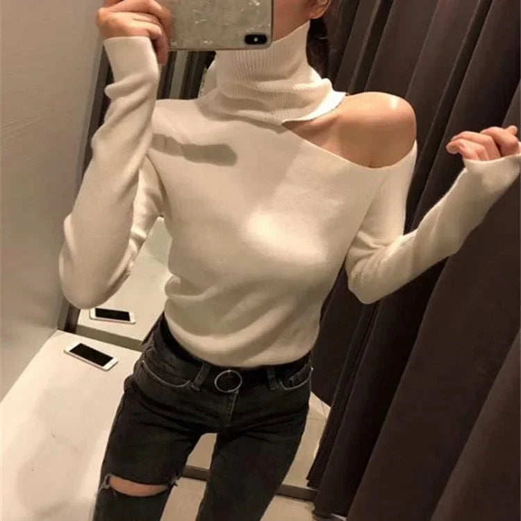 Women's Elegant Off-Shoulder Knitted Sweater - Long Sleeve Turtleneck Sweater