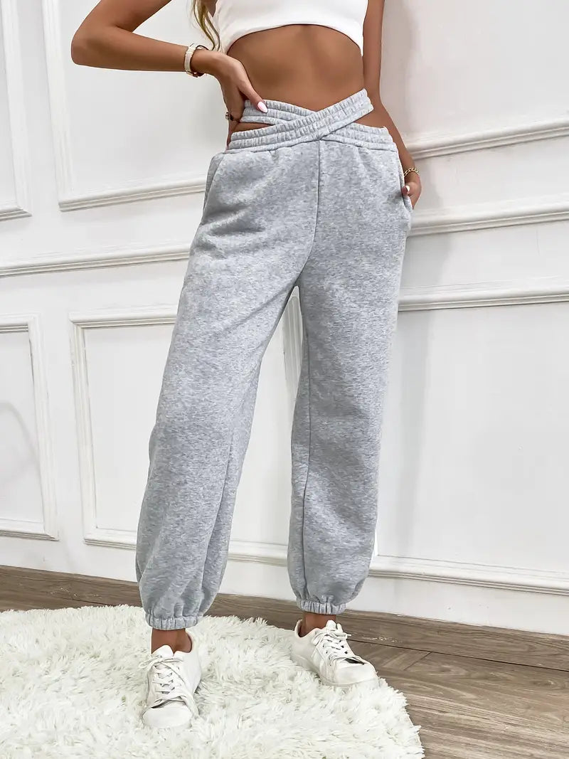 Lena - Grey Women's elegant plain knit jogging pants