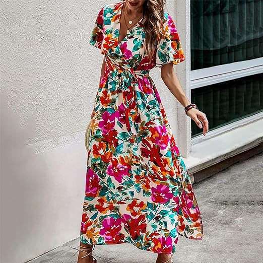 Clara - Dress with belt in tropical print and high waist