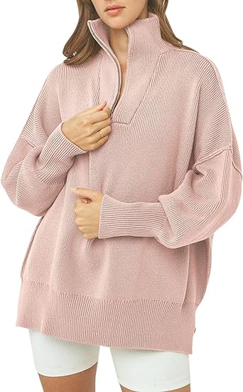 Zipper turtleneck sweater with V-neck and long sleeves