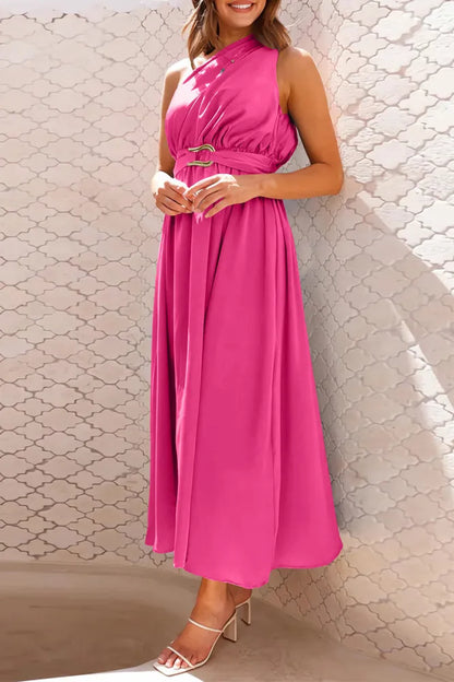 Norah - Elegant evening dresses with slanted neckline and solid metallic embellishments